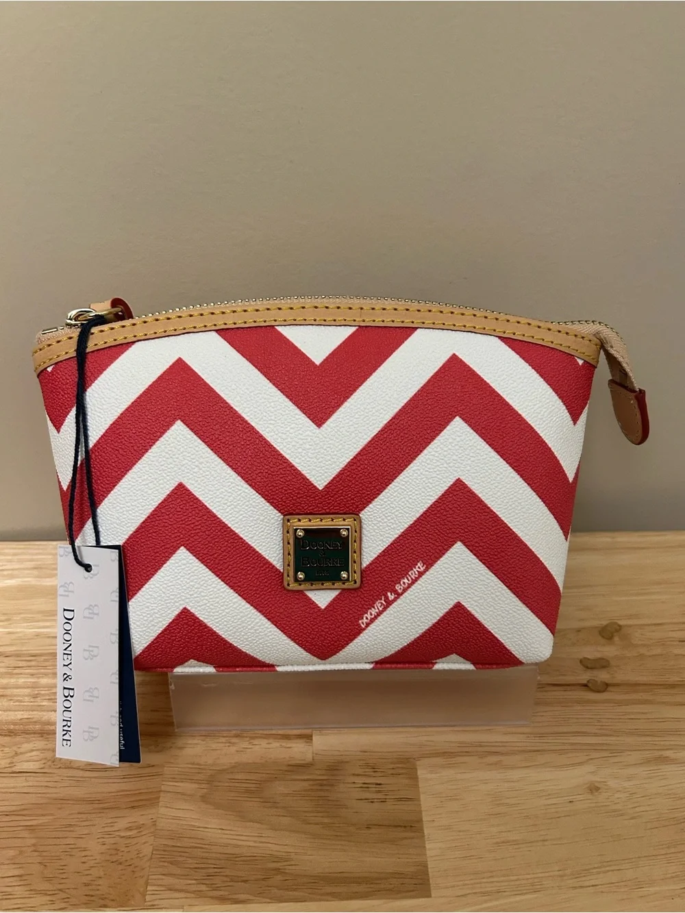 Dooney & Bourke Red and White Chevron Pouch with Tan Trim